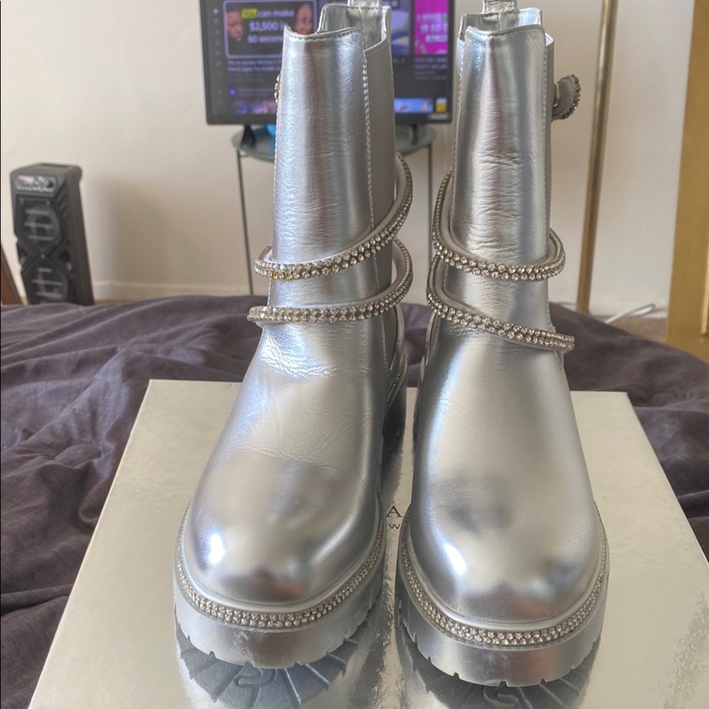 Metallic Silver Chunky Platform Ankle Booties